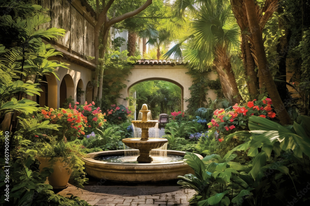 A tranquil courtyard with a central water fountain, surrounded by lush greenery and colorful flowers Generative AI A tranquil courtyard with a central water fountain, surrounded by lush greenery and colorful flowers Generative AI