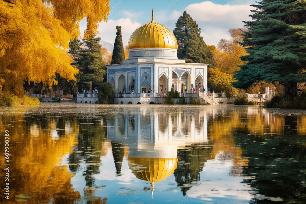 A serene scene of a traditional Islamic mosque reflecting in a calm lake, surrounded by vibrant trees and flowers Generative AI