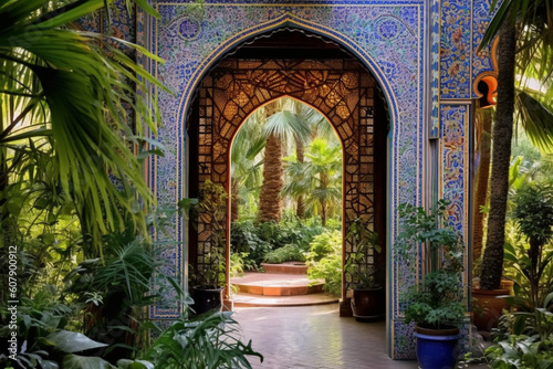 Leinwand Poster An elegant archway adorned with vibrant patterns and Arabic calligraphy, leading
