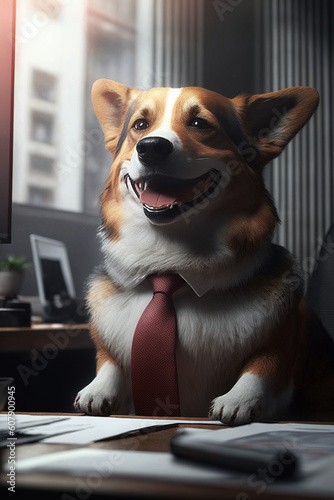 ai generated Illustration of A dog in a business suit at the office.