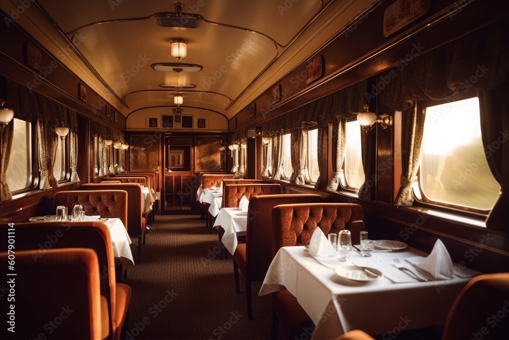 Concept art illustration of luxury dining car interior of train, Generative AI