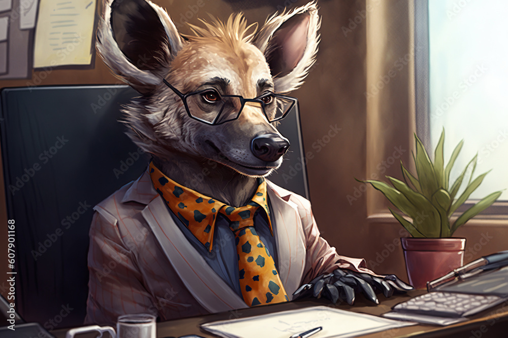 ai generated Illustration of A hyena in a business suit work as secretary - obrazy, fototapety, plakaty 