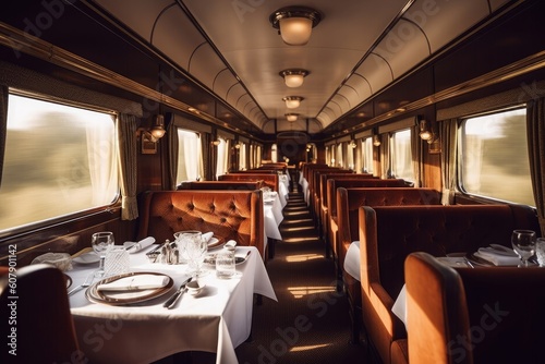 Concept art illustration of luxury dining car interior of train, Generative AI