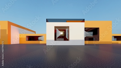 3d rendering architecture background buildings geometric shape on empty street