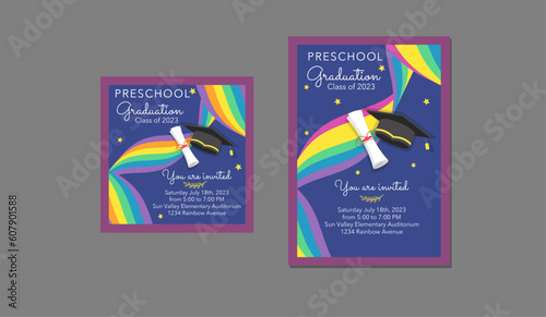 Invitation Graduation Rainbows and graduation cap and diploma 