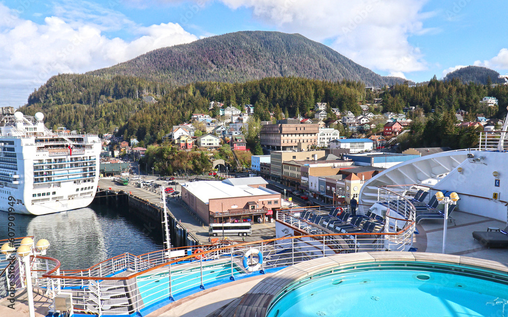 View Towards New Town Ketchikan, Alaska. Aerial View atop Aft Stern of Cruise Ship Deck