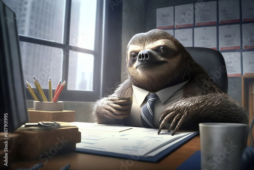 ai generated Illustration of A realistic sloth in a business suit working at government office.