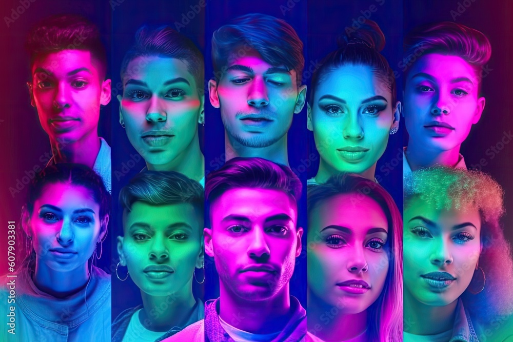 Collage made of portraits of young people of diverse age, gender and race posing, smiling over multicolored background in neon light. Concept of human emotions, youth, lifestyle,generative ai.