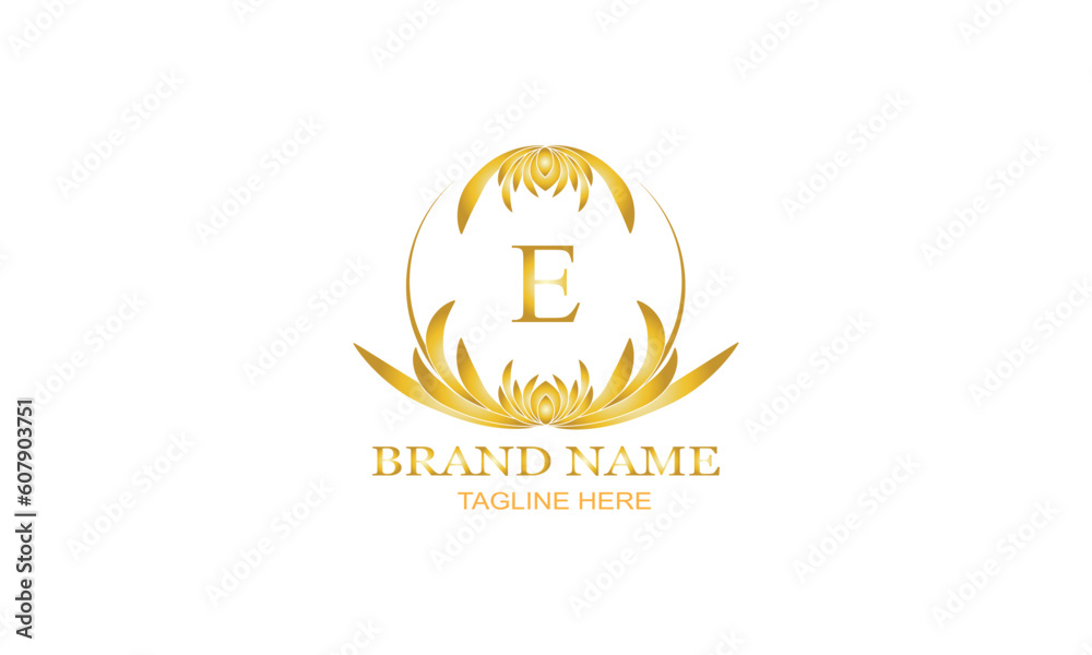 Gold luxury logo, elegant monogram vector design with initial letter E on white background. Gold luxury logo, elegant monogram vector design with initial letter E on white background.