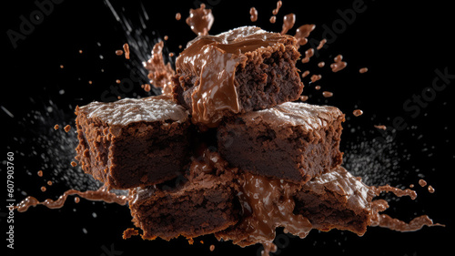 Foto Pouring melted chocolate on cake biscuits in a slow motion