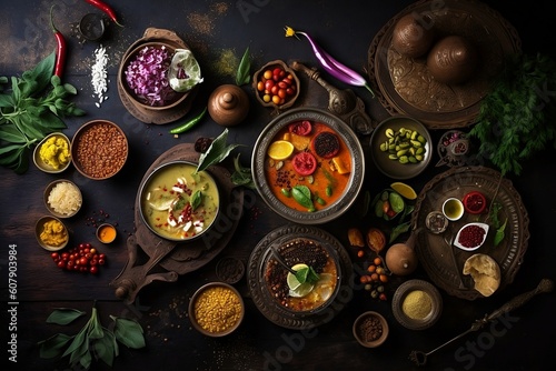 A spread of spices, herbs and curry, Indian culture, top view. Generative AI.