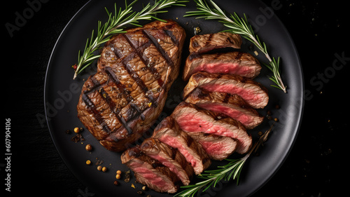Barbecue aged wagyu Rib Eye beef meat steak with thyme on wooden board. Black background. Top view