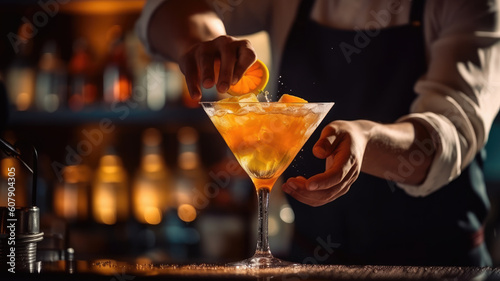 bartender making cocktail. slicing a long ribbon of lemon peel photo