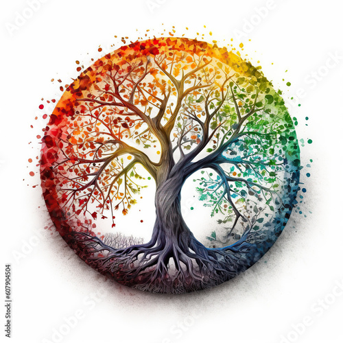 Rainbow colored old tree of life, circular on white background, Generative AI