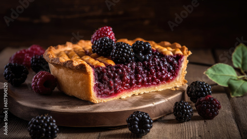 Homemade blackberry pie. Sweet pie with blackberry on rustic wooden table.
