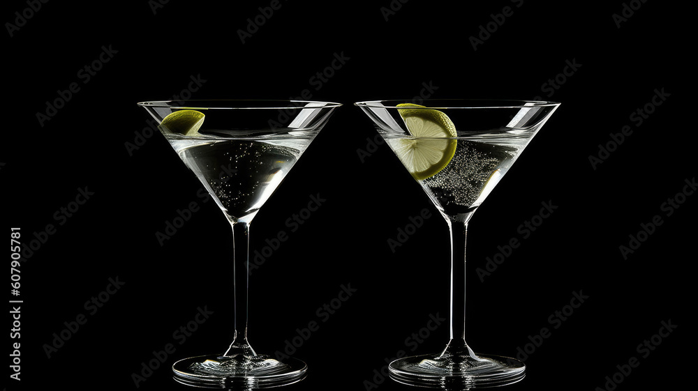 Glasses of Classic Dry Martini on black background