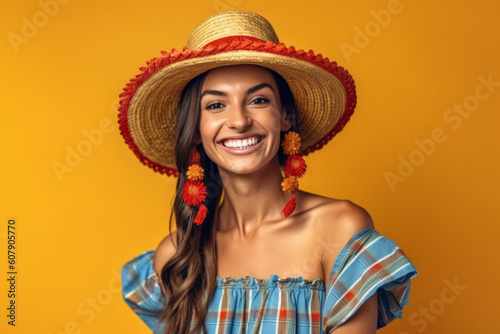 Portrait of smiling young brazilian woman in straw hat and blue dress on yellow background. Ai generated.