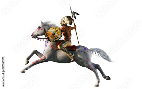 A war chief wearing a headdress and carrying a spear and shield rides a charging white horse. Both rider and mount are painted for war. On a white background. 3D Rendering.
