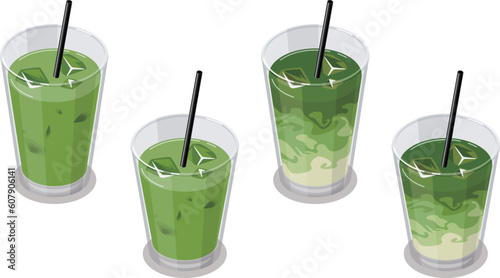 アイス抹茶ラテのアイソメトリックベクターイラスト