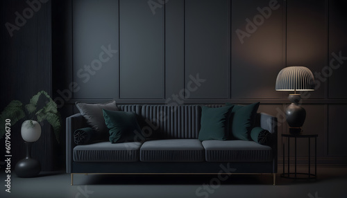 Stylish dark living room interior background, black wall witj green flowers, Scandinavian style. Generation AI