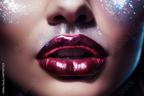 Photo by Marilyn Minter, Beautiful glitter lips, Hyperreal, holographic silver pink glitter lips, glitter foreground. Generative AI photo