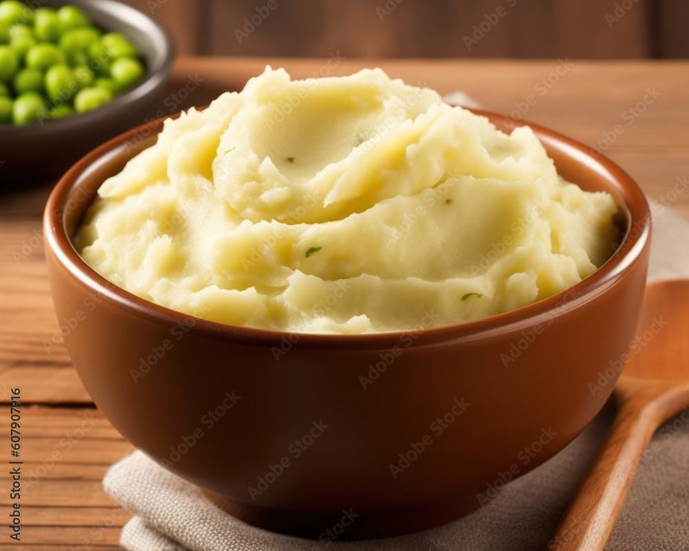 Brown Bowl Of Mashed Potato, Peas In Background, Wooden Spoon, Created With Generative AI