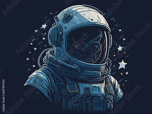 torso of an astronaut in a spacesuit and stars on the sides