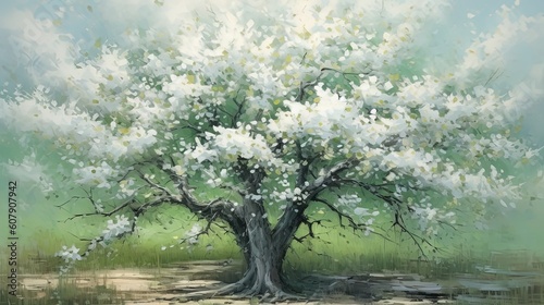 illustration of beautiful cherry blossom flowers tree background, Generative Ai
