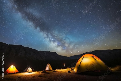Night Sky Camping  Adventure under the stars. Tranquil night camping with Milky Way.