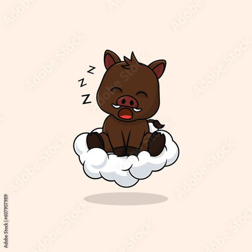 Vector cute baby boar cartoon sleeping on the cloud icon illustration. Flat cute animal vector illustration, flat icon sticker isolated.