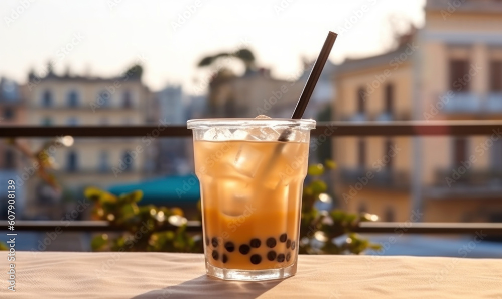 Thai milk tea with bubbles in cafe outdoors. AI generative Thai milk tea with bubbles in cafe outdoors. AI generative
