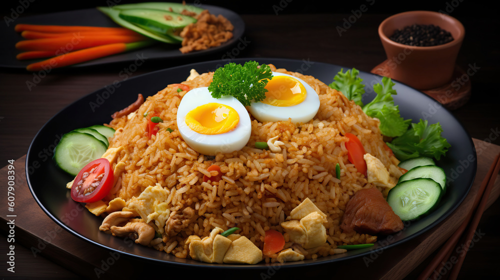 Flavors of Asia, Exquisite Presentation of Nasi Goreng with Eggs, Chicken Meat, and Fresh Vegetables. Generative AI Flavors of Asia, Exquisite Presentation of Nasi Goreng with Eggs, Chicken Meat, and Fresh Vegetables. Generative AI