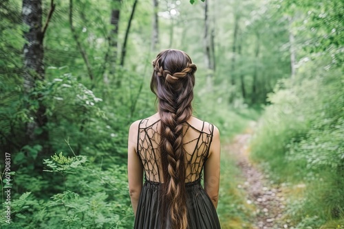 back portrait of beautiful pretty woman wearing vintage dress with braid hairstyle, a woman walking in forest, Generative Ai