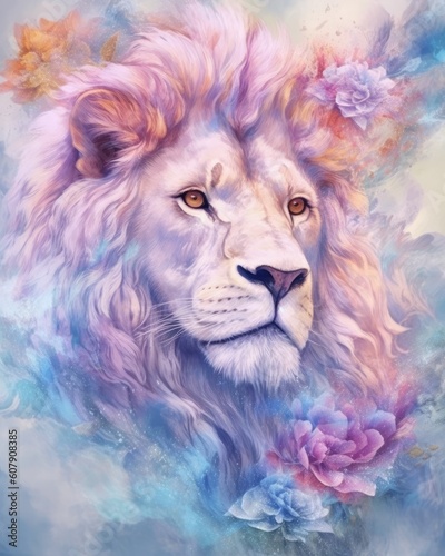 dreamlike watercolor lion print where the lion appears almost mystical. soft, pastel colors like lavender, blush pink, and pale blue to create a serene and otherworldly atmosphere © PinkiePie