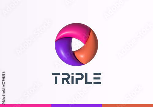 Inflated 3D Vector Ribbon Rotation Loop Circle. Abstract Vector Logo Template. Modern Geometry Infinity Swirl Sign with Triple Colorful Intertwined Elements Isolated