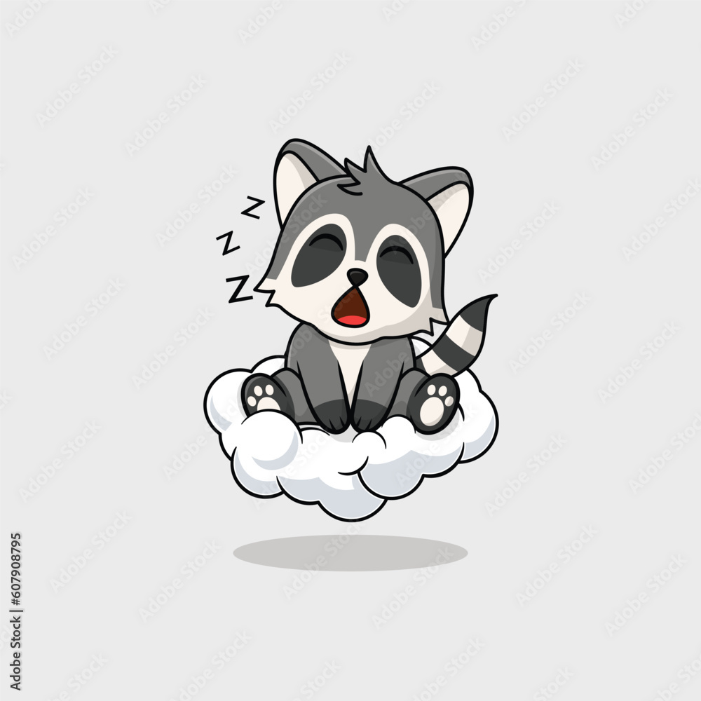 Vector cute baby raccoon cartoon sleeping on the cloud icon illustration. Flat cute animal vector illustration, flat icon sticker isolated. Vector cute baby raccoon cartoon sleeping on the cloud icon illustration. Flat cute animal vector illustration, flat icon sticker isolated.
