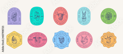 Meat Vegetables and Poultry Farm Retro Framed Badges or Logo Templates Collection. Hand Drawn Domestic Animals and Birds Sketches with Retro Typography. Vintage Sketch Emblems Set. Isolated