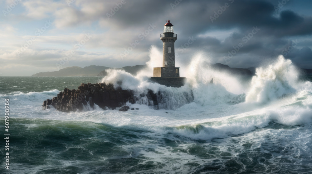 lighthouse with waves splashing. generative ai