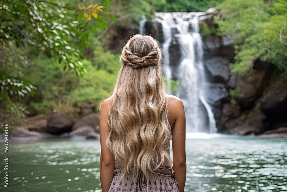 Fototapeta premium back portrait of beautiful pretty woman wearing vintage gawn with braid hairstyle, a woman walking in forest with waterfall background, Generative Ai