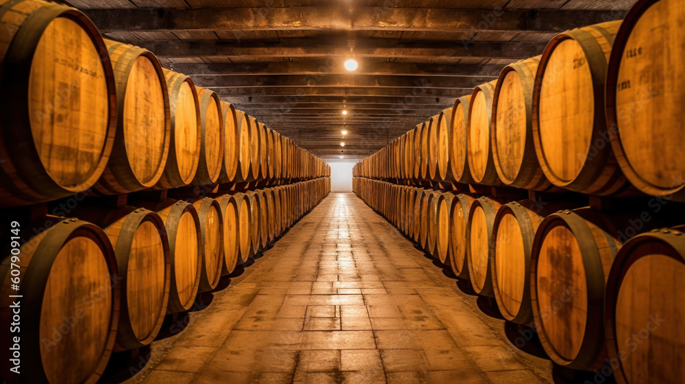 winery with wine wooden barrels. generative ai