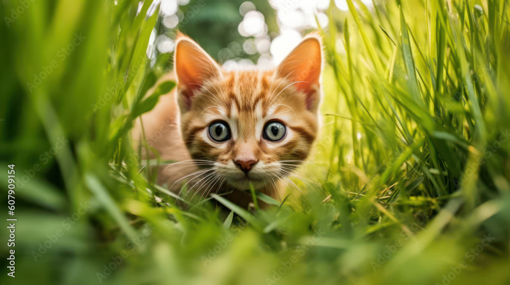 cat on garden grass with curiosity. generative ai