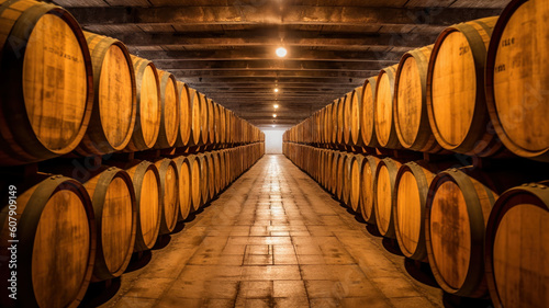 winery with wine wooden barrels. generative ai