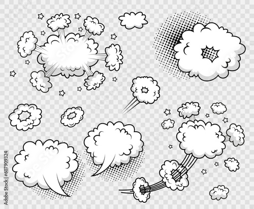 Comic speech bubble with smoke clouds on transparent background. Cartoon explosion bomb frame.
