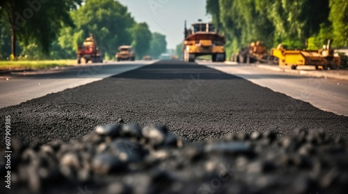 Layer of new hot asphalt laid by paver. Road construction. Generative AI
