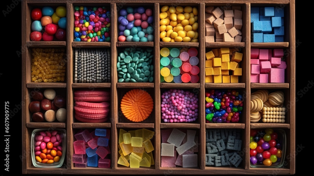 p colorful candies and snack, abstract candy background organized in wooden box, Generative Ai