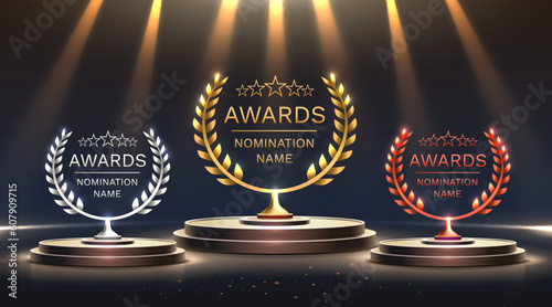 Awards nomination name podium, awards golden prize event, first place, second place, third place, scene star ceremony. Vector illustration