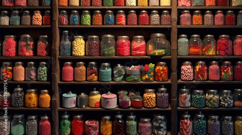 close up colorful candies and snack, abstract candy background organized in jar or bottle, Generative Ai © QuietWord
