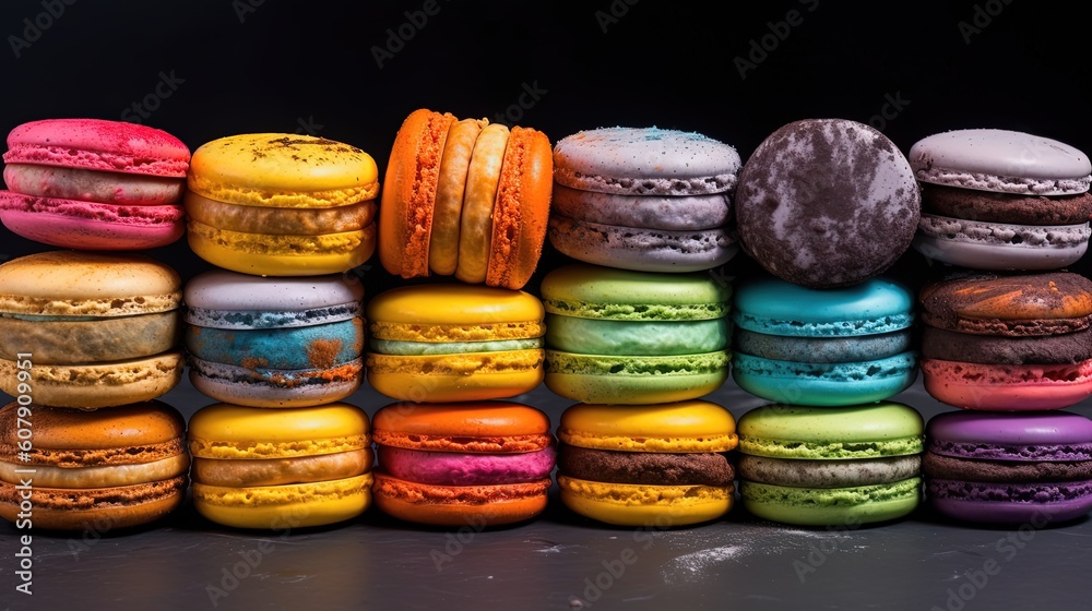 abstract background top view of colorful macaron on wooden table, bakery dessert, Generative Ai