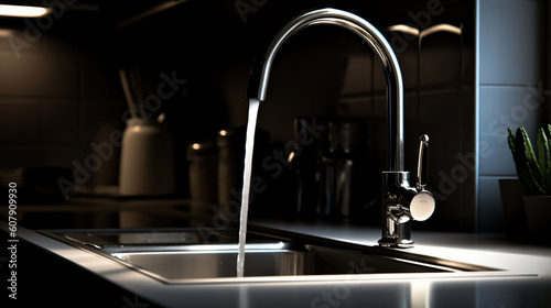 Kitchen tap with water flowing out, modern kitchen, bright lighting, clean, Generative AI