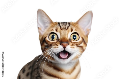 Close-up Funny Portrait of Surprised Bengal Cat with Huge Yellow Eyes. AI generative. Isolated on White and png Transparent Background. © fotoyou
